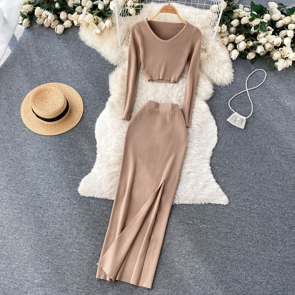 Knitted Crop Top And Slit Maxi Skirt Set